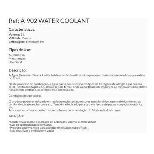 Agua desmineralizada para radiador bateria (a902 radiex)