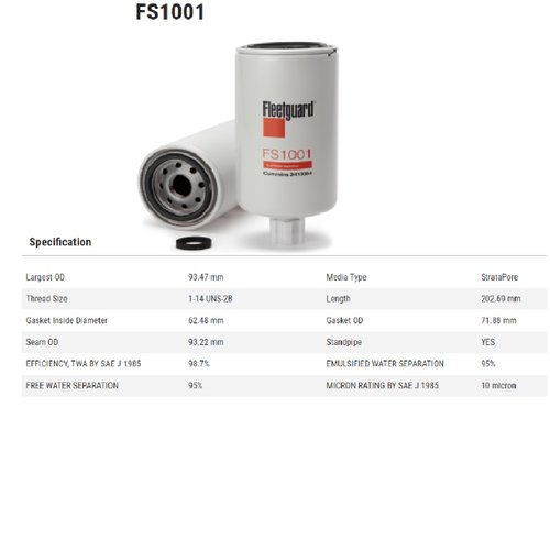 Filtro combustivel separador agua cummins gerador (fs1001)