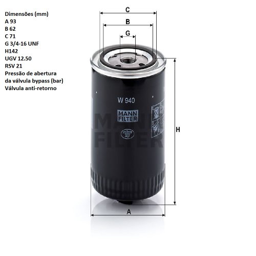 Filtro oleo motor vw kombi diesel alfa romeo 2300 (w940 mann)