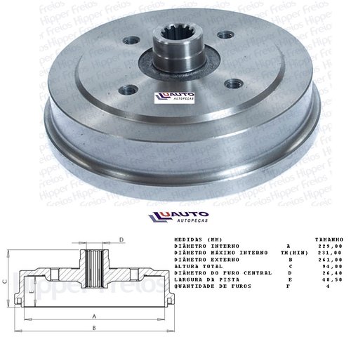 Tambor freio traseiro com cubo vw 1300l 1500 70/ (hf04 hipper)